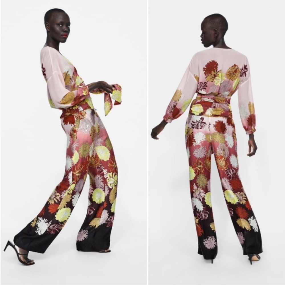 Women Zara Preloved Wide Leg Pants Floral Silk Like Full Length Size Medium